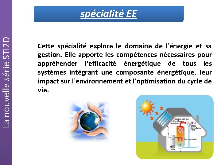 La nouvelle série STI 2 D spécialité EE Cette spécialité explore le domaine de