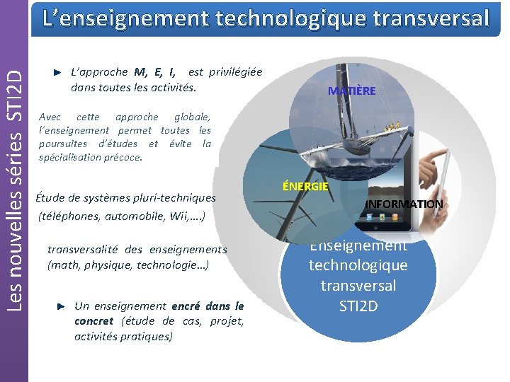 Les nouvelles séries STI 2 D L’enseignement technologique transversal L’approche M, E, I, est