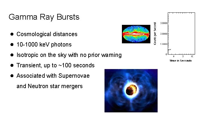 Gamma Ray Bursts ● ● ● Cosmological distances 10 -1000 ke. V photons Isotropic