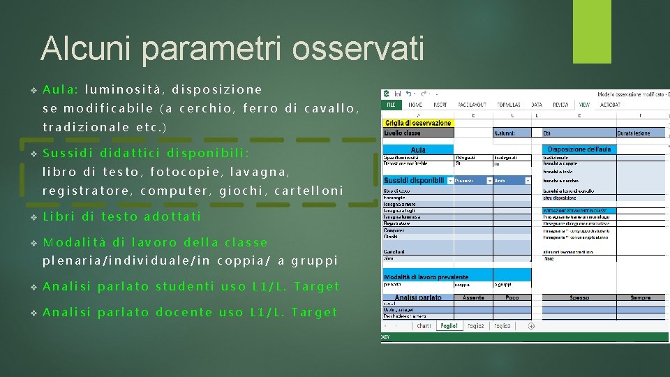 Alcuni parametri osservati v Aula: luminosità, disposizione se modificabile (a cerchio, ferro di cavallo,