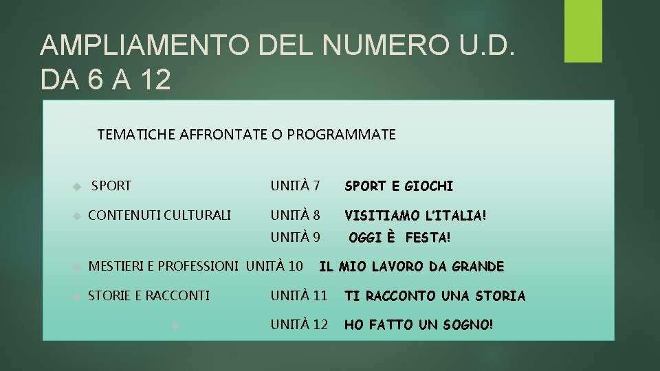 AMPLIAMENTO DEL NUMERO U. D. DA 6 A 12 TEMATICHE AFFRONTATE O PROGRAMMATE SPORT