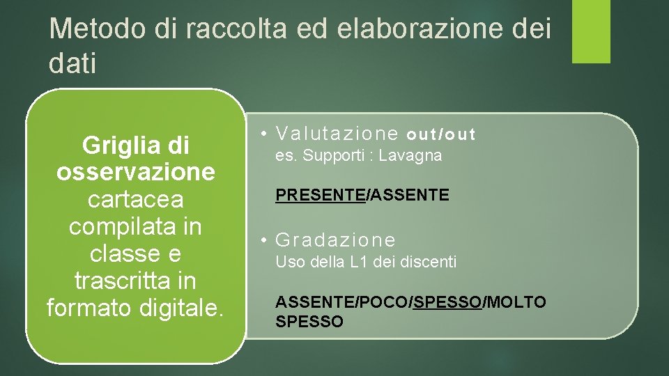 Metodo di raccolta ed elaborazione dei dati Griglia di osservazione cartacea compilata in classe