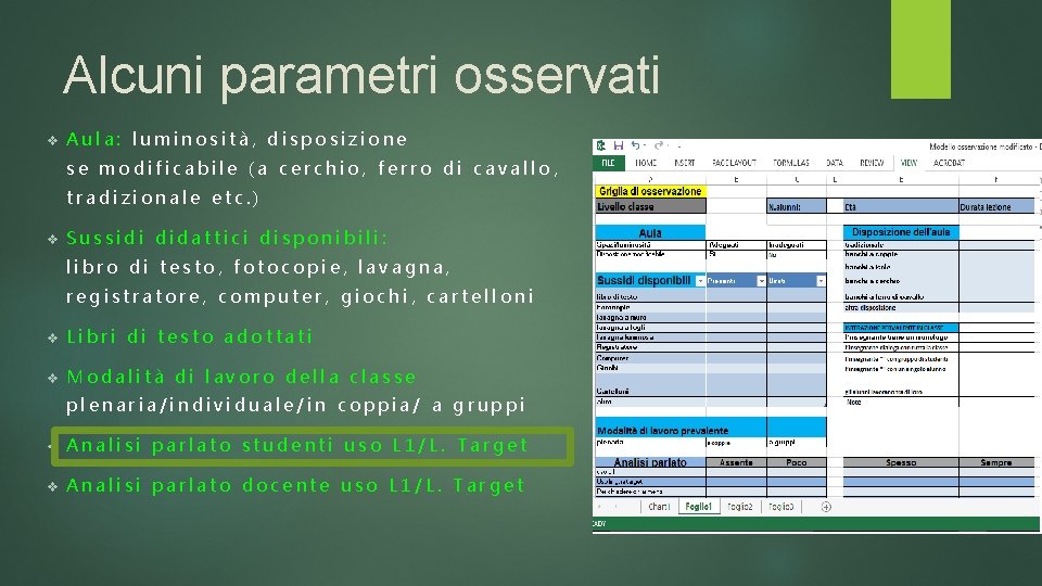 Alcuni parametri osservati v Aula: luminosità, disposizione se modificabile (a cerchio, ferro di cavallo,