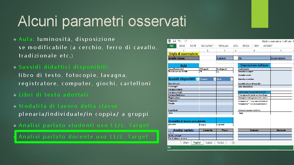 Alcuni parametri osservati v Aula: luminosità, disposizione se modificabile (a cerchio, ferro di cavallo,