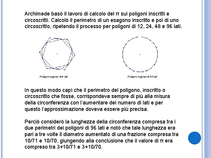 Archimede basò il lavoro di calcolo del π sui poligoni inscritti e circoscritti. Calcolò