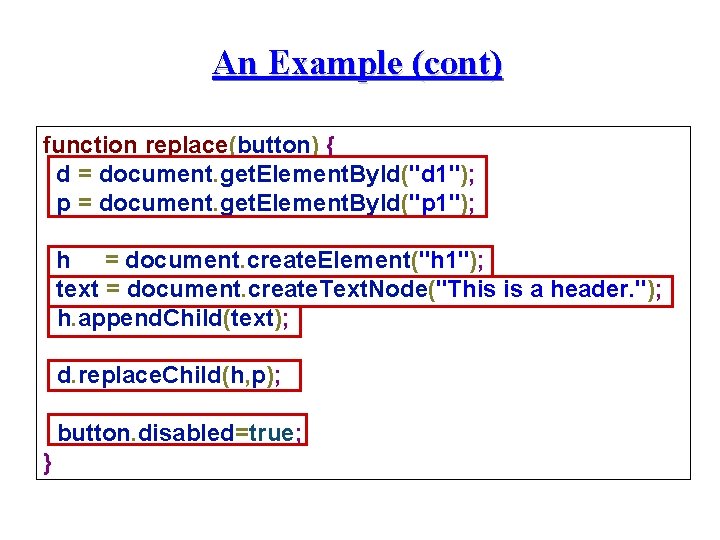 An Example (cont) function replace(button) { d = document. get. Element. By. Id("d 1");