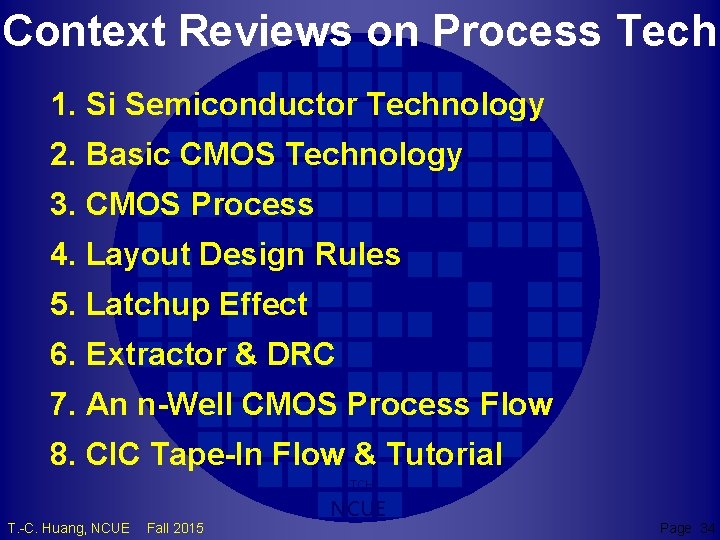 Context Reviews on Process Tech 1. Si Semiconductor Technology 2. Basic CMOS Technology 3.