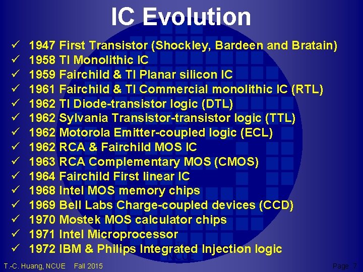 IC Evolution ü ü ü ü 1947 First Transistor (Shockley, Bardeen and Bratain) 1958