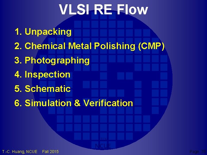 VLSI RE Flow 1. Unpacking 2. Chemical Metal Polishing (CMP) 3. Photographing 4. Inspection