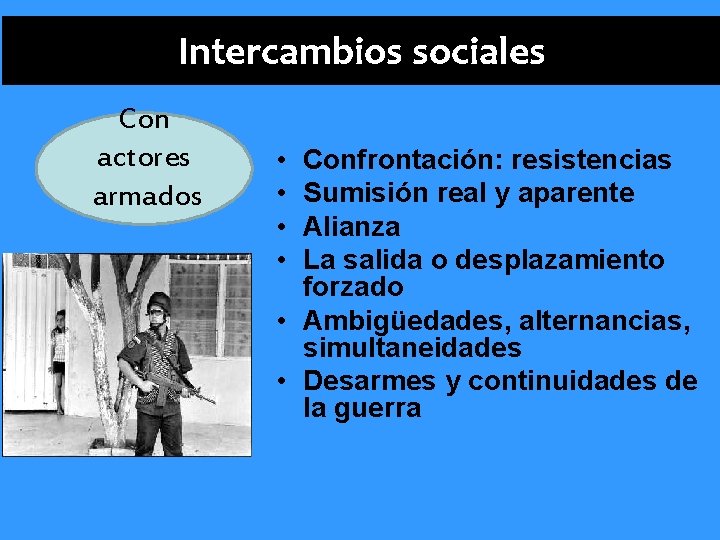 Intercambios sociales Con actores armados • • Confrontación: resistencias Sumisión real y aparente Alianza