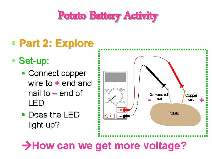 Potato Battery Activity § Part 2: Explore § Set-up: § Connect copper wire to
