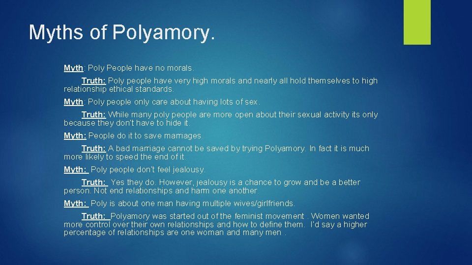 Myths of Polyamory. Myth: Poly People have no morals. Truth: Poly people have very Myths of Polyamory. Myth: Poly People have no morals. Truth: Poly people have very