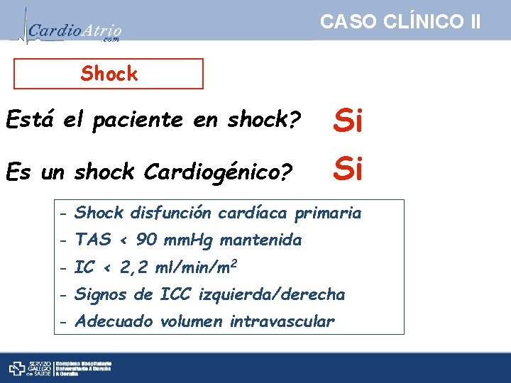 CASO CLÍNICO II Shock Está el paciente en shock? Si Es un shock Cardiogénico?