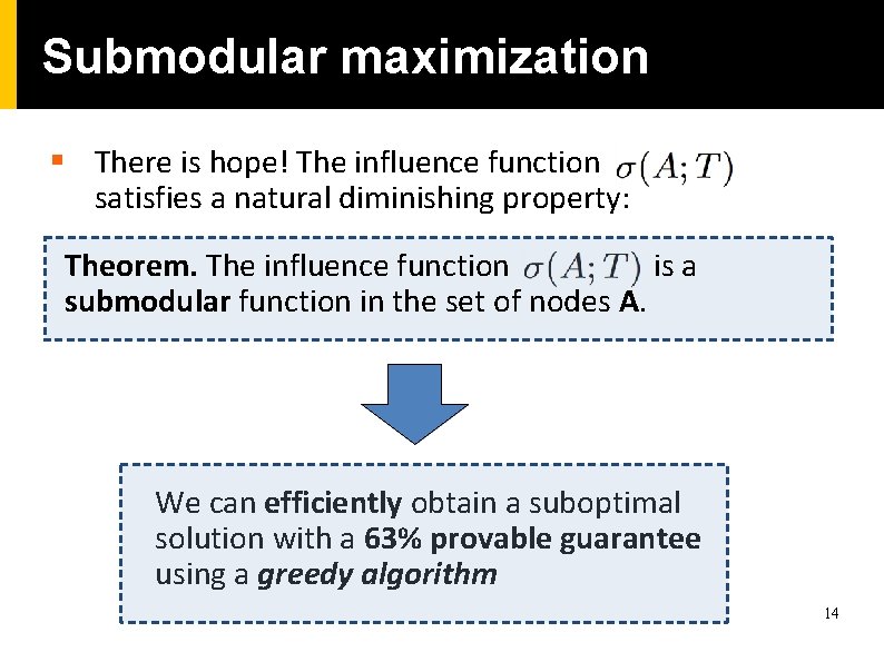 Submodular maximization § There is hope! The influence function satisfies a natural diminishing property: