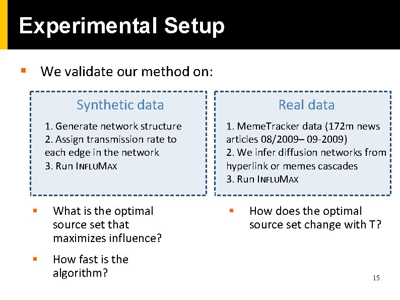 Experimental Setup § We validate our method on: Synthetic data 1. Generate network structure