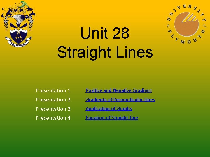 Unit 28 Straight Lines Presentation 1 Positive and Negative Gradient Presentation 2 Gradients of