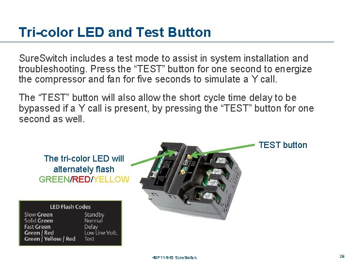 Tri-color LED and Test Button Sure. Switch includes a test mode to assist in