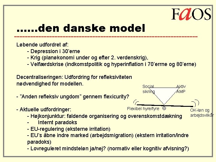 ……den danske model Løbende udfordret af: - Depression i 30’erne - Krig (planøkonomi under