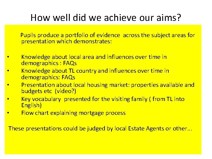 How well did we achieve our aims? Pupils produce a portfolio of evidence across