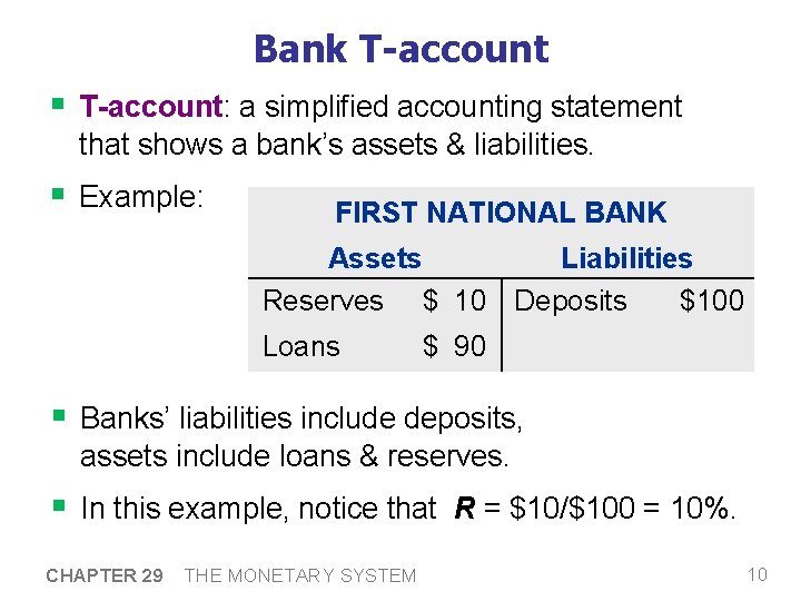 Bank T-account § T-account: a simplified accounting statement that shows a bank’s assets & Bank T-account § T-account: a simplified accounting statement that shows a bank’s assets &