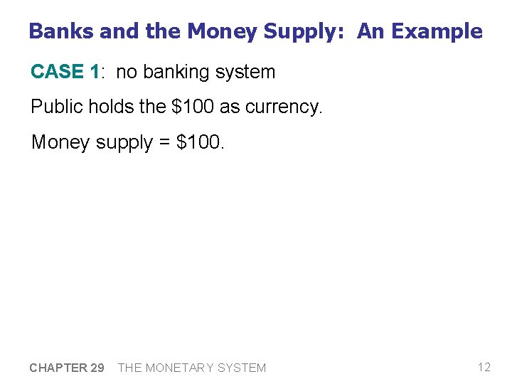 Banks and the Money Supply: An Example CASE 1: no banking system Public holds Banks and the Money Supply: An Example CASE 1: no banking system Public holds
