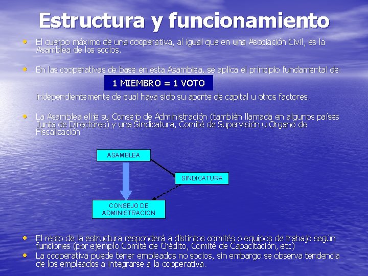 Estructura y funcionamiento • El cuerpo máximo de una cooperativa, al igual que en