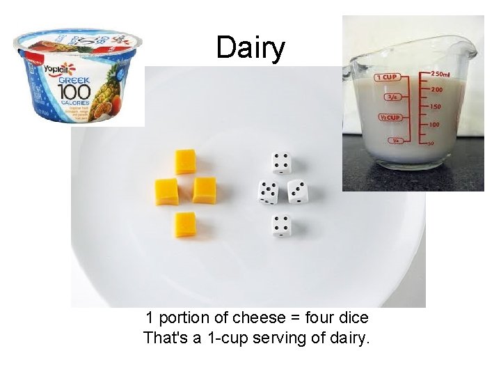 Dairy 1 portion of cheese = four dice That's a 1 -cup serving of