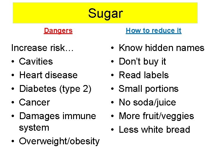 Sugar How to reduce it Dangers Increase risk… • Cavities • Heart disease •