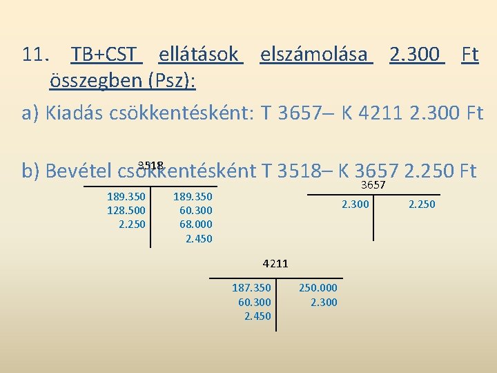 11. TB+CST ellátások elszámolása 2. 300 Ft összegben (Psz): a) Kiadás csökkentésként: T 3657