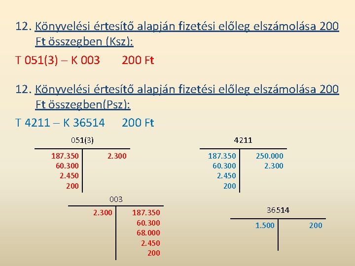 12. Könyvelési értesítő alapján fizetési előleg elszámolása 200 Ft összegben (Ksz): T 051(3) K