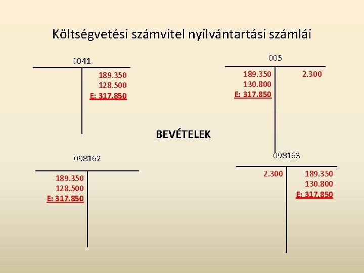 Költségvetési számvitel nyilvántartási számlái 005 0041 189. 350 130. 800 E: 317. 850 189.