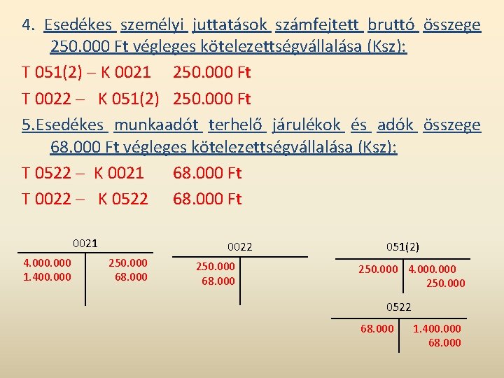 4. Esedékes személyi juttatások számfejtett bruttó összege 250. 000 Ft végleges kötelezettségvállalása (Ksz): T