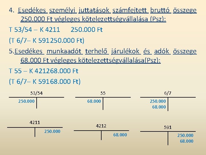 4. Esedékes személyi juttatások számfejtett bruttó összege 250. 000 Ft végleges kötelezettségvállalása (Psz): T