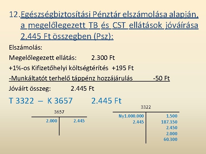 12. Egészségbiztosítási Pénztár elszámolása alapján, a megelőlegezett TB és CST ellátások jóváírása 2. 445