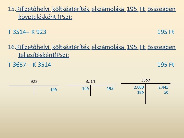 15. Kifizetőhelyi költségtérítés elszámolása 195 Ft összegben követelésként (Psz): T 3514 K 923 195 15. Kifizetőhelyi költségtérítés elszámolása 195 Ft összegben követelésként (Psz): T 3514 K 923 195