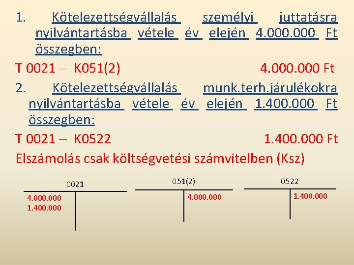 1. Kötelezettségvállalás személyi juttatásra nyilvántartásba vétele év elején 4. 000 Ft összegben: T 0021