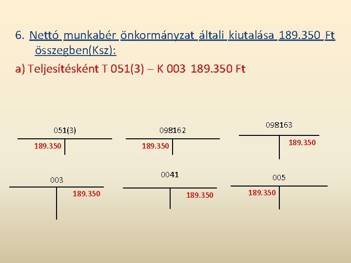 6. Nettó munkabér önkormányzat általi kiutalása 189. 350 Ft összegben(Ksz): a) Teljesítésként T 051(3)