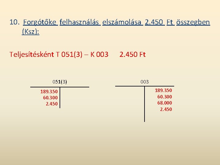 10. Forgótőke felhasználás elszámolása 2. 450 Ft összegben (Ksz): Teljesítésként T 051(3) K 003