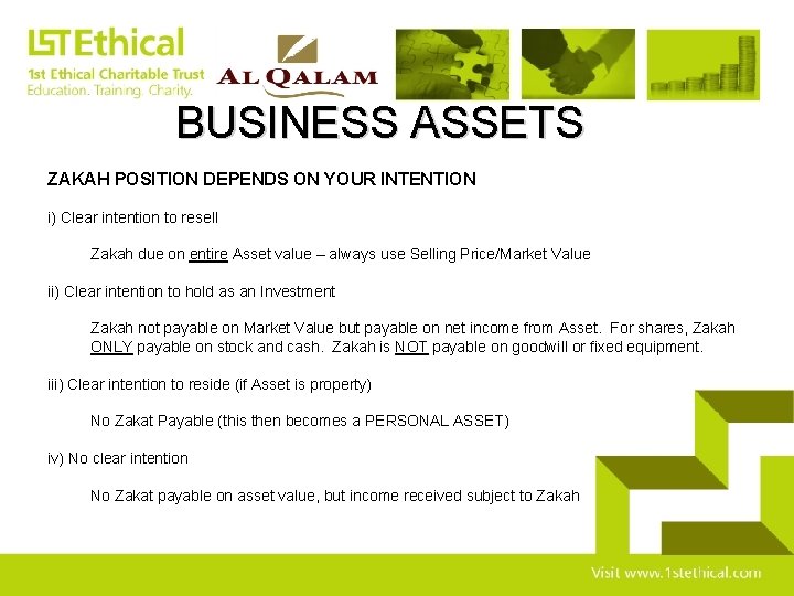 BUSINESS ASSETS ZAKAH POSITION DEPENDS ON YOUR INTENTION i) Clear intention to resell Zakah