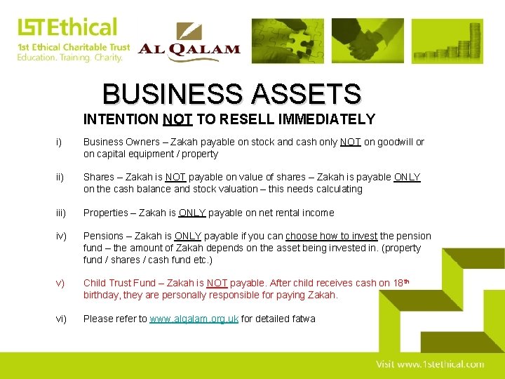 BUSINESS ASSETS INTENTION NOT TO RESELL IMMEDIATELY i) Business Owners – Zakah payable on