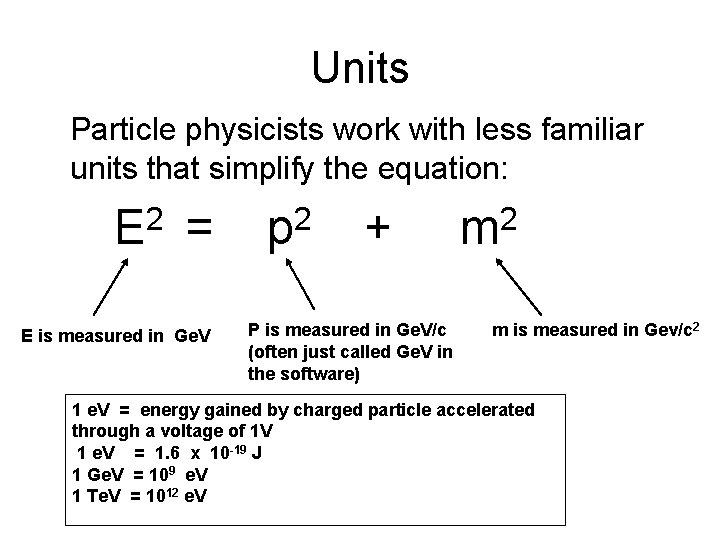 Units Particle physicists work with less familiar units that simplify the equation: 2 E