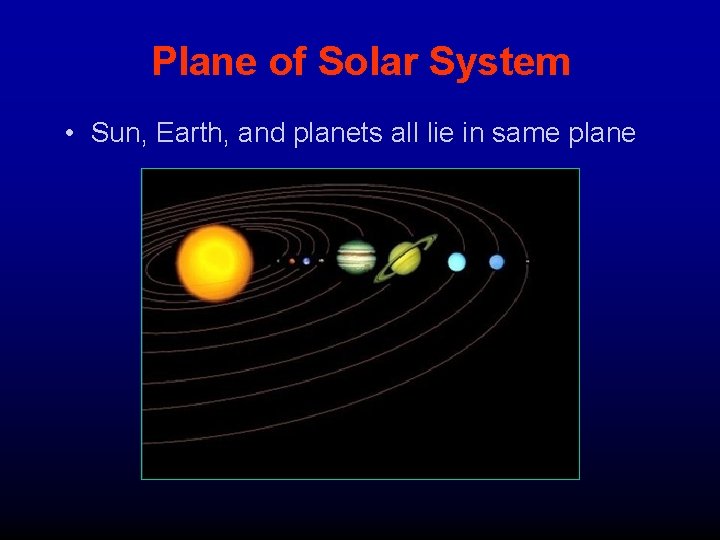 Plane of Solar System • Sun, Earth, and planets all lie in same plane