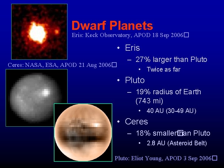 Dwarf Planets Eris: Keck Observatory, APOD 18 Sep 2006� • Eris Ceres: NASA, ESA,