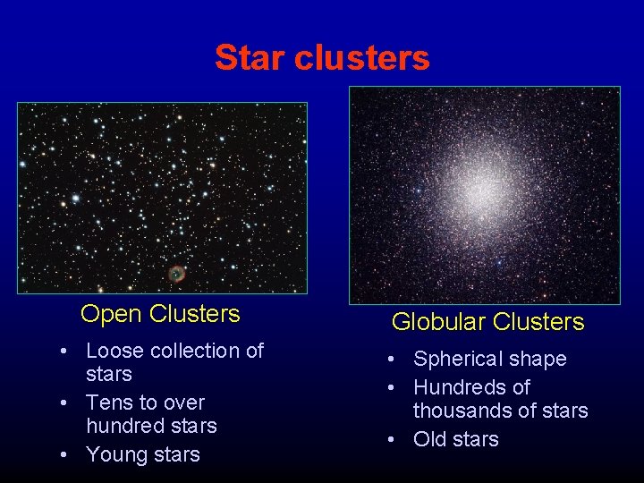 Star clusters Open Clusters Globular Clusters • Loose collection of stars • Tens to