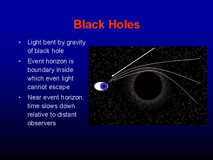 Black Holes • Light bent by gravity of black hole • Event horizon is