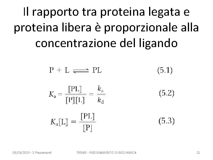 Il rapporto tra proteina legata e proteina libera è proporzionale alla concentrazione del ligando Il rapporto tra proteina legata e proteina libera è proporzionale alla concentrazione del ligando