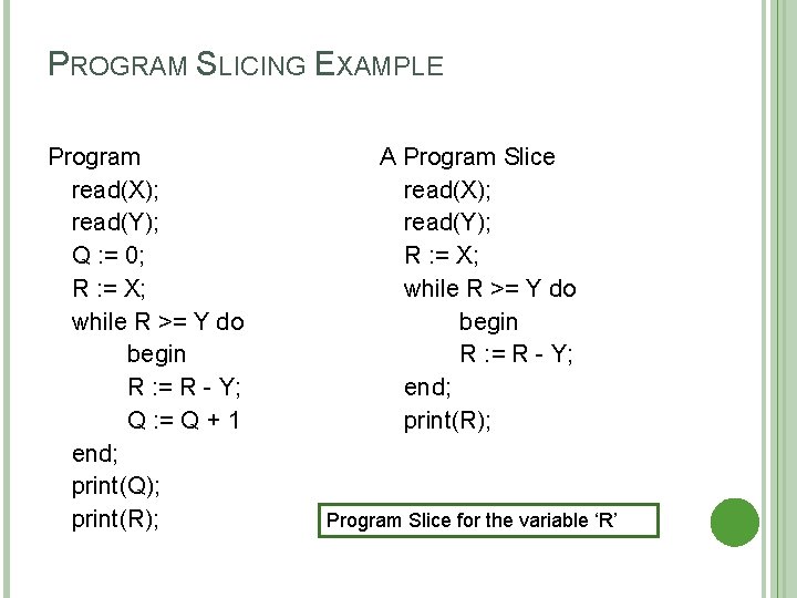 PROGRAM SLICING EXAMPLE Program read(X); read(Y); Q : = 0; R : = X;