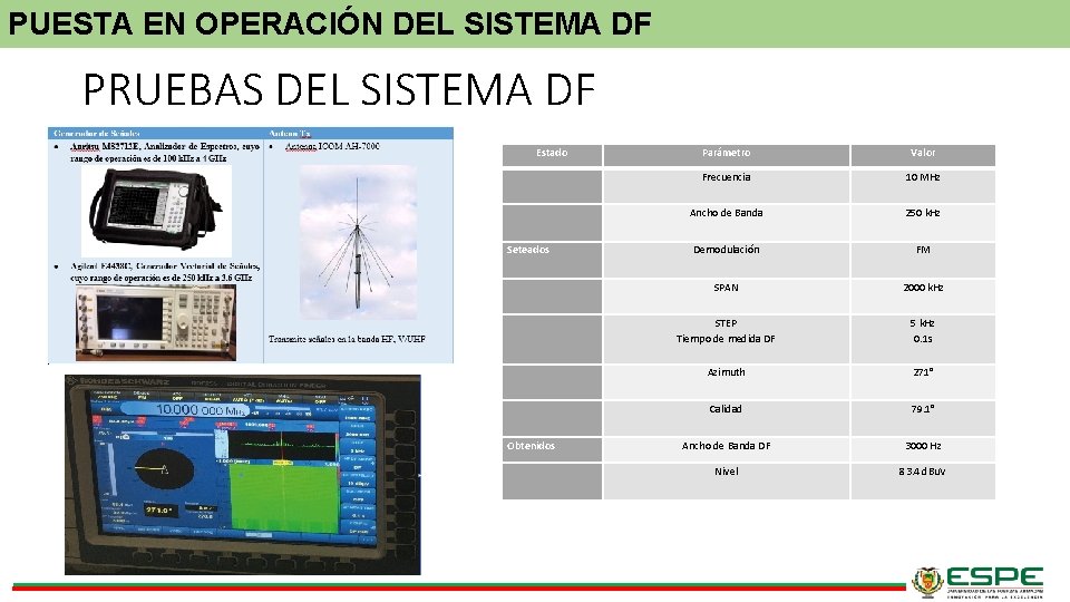 PUESTA EN OPERACIÓN DEL SISTEMA DF PRUEBAS DEL SISTEMA DF Estado Parámetro Valor Frecuencia