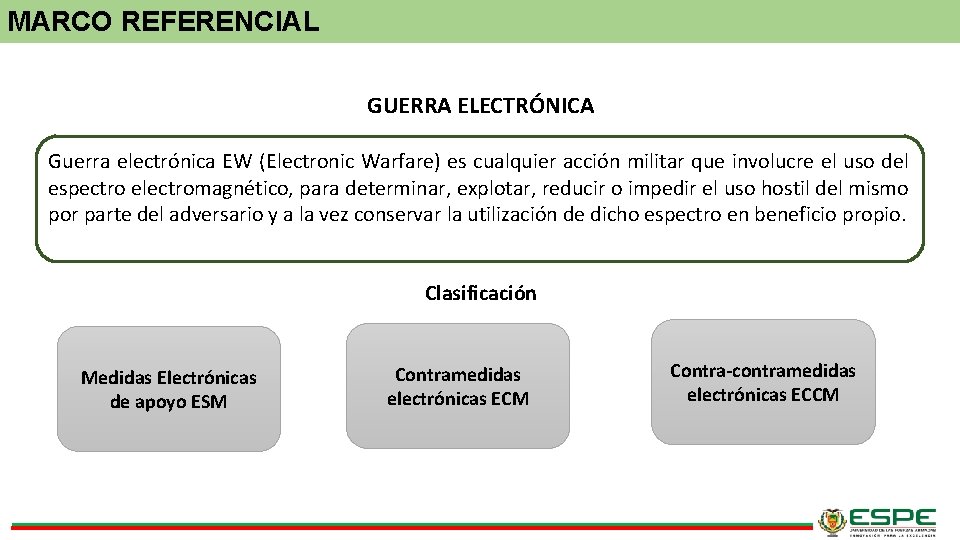 MARCO REFERENCIAL GUERRA ELECTRÓNICA Guerra electrónica EW (Electronic Warfare) es cualquier acción militar que