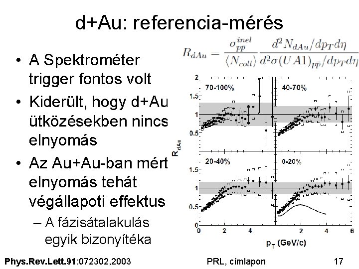 d+Au: referencia-mérés • A Spektrométer trigger fontos volt • Kiderült, hogy d+Au ütközésekben nincs